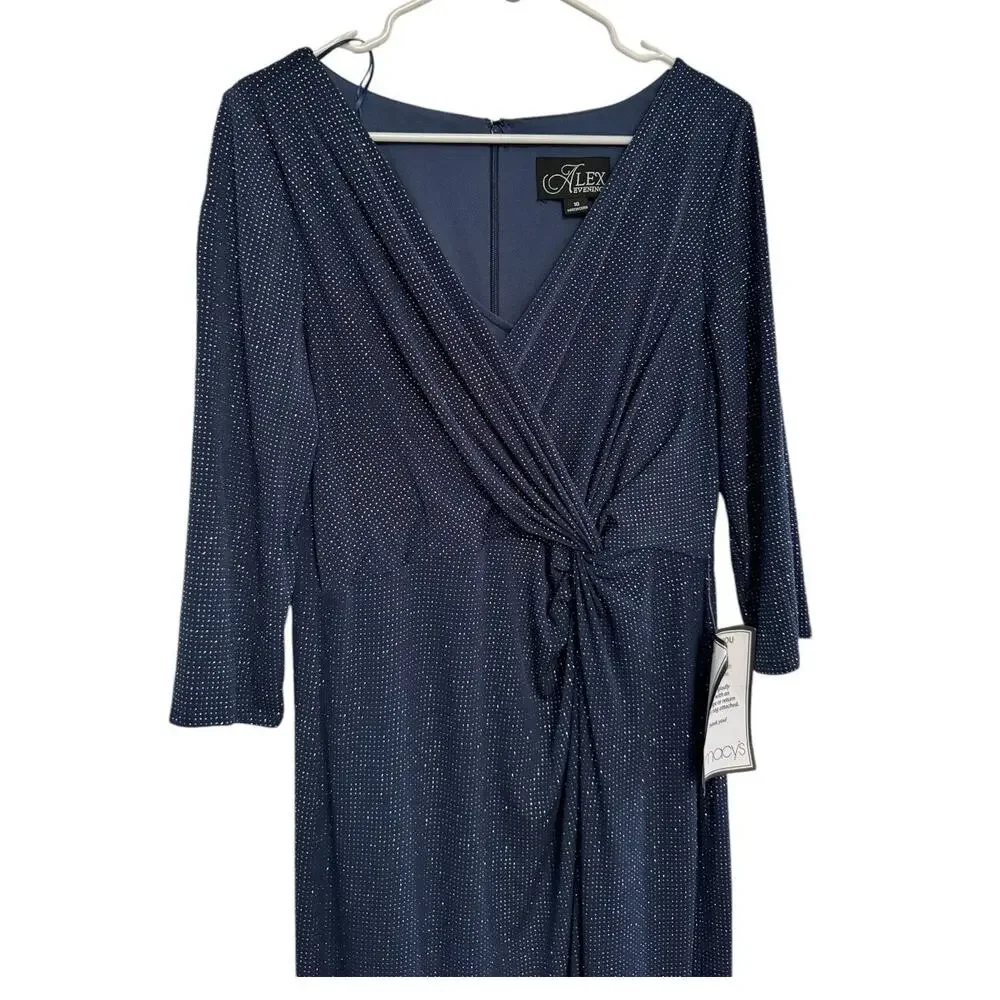 NWT Alex Evenings 3/4 Sleeve Long Dress with Cinched Tie Waist blue size 10